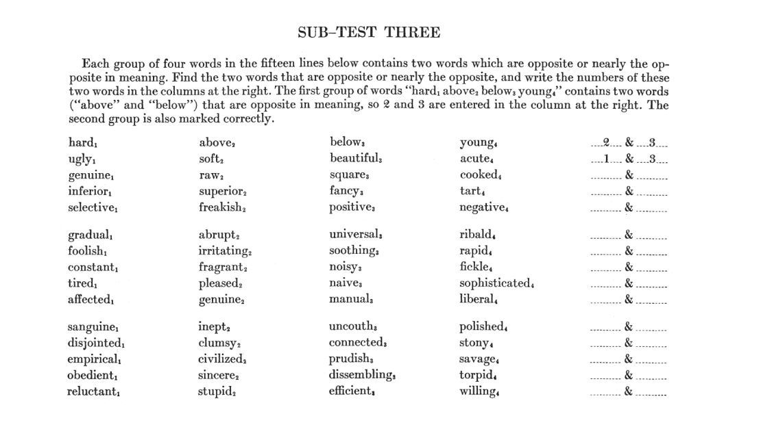 A page from the College Board's first SAT practice test, from 1926, assumes the student knows the meaning of the words