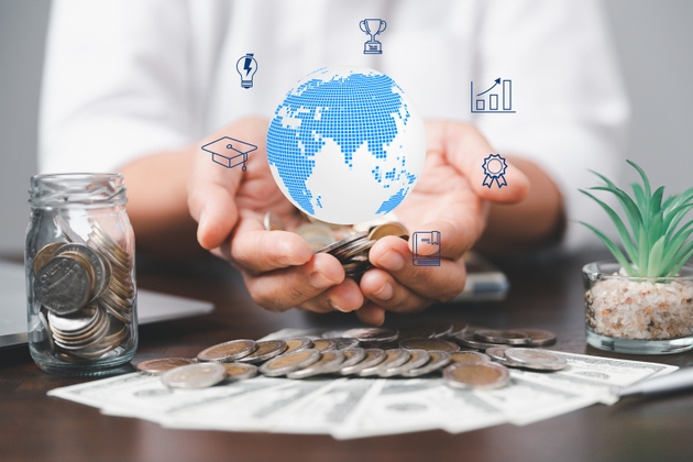 Saving money coin with banking investment, finance education concept. Planning student loan for studying abroad for college or university degree. Future children